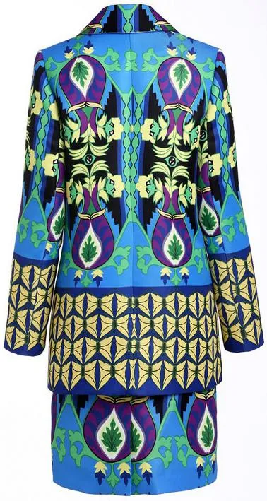 Multicolored Printed Blazer/Jacket & Skirt Set