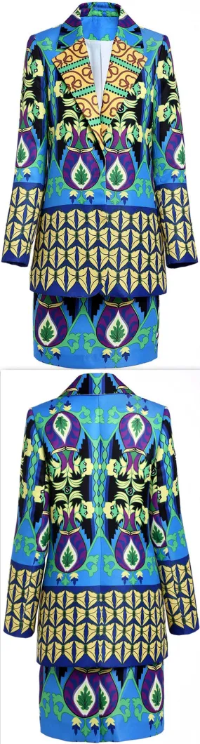Multicolored Printed Blazer/Jacket & Skirt Set