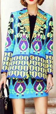 Multicolored Printed Blazer/Jacket & Skirt Set