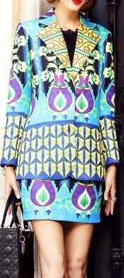 Multicolored Printed Blazer/Jacket & Skirt Set