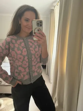 Pink and Grey Leopard Print Sparkle Cardigan