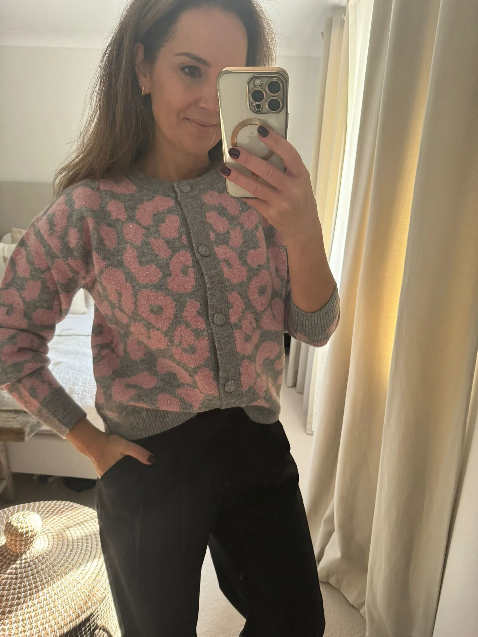 Pink and Grey Leopard Print Sparkle Cardigan