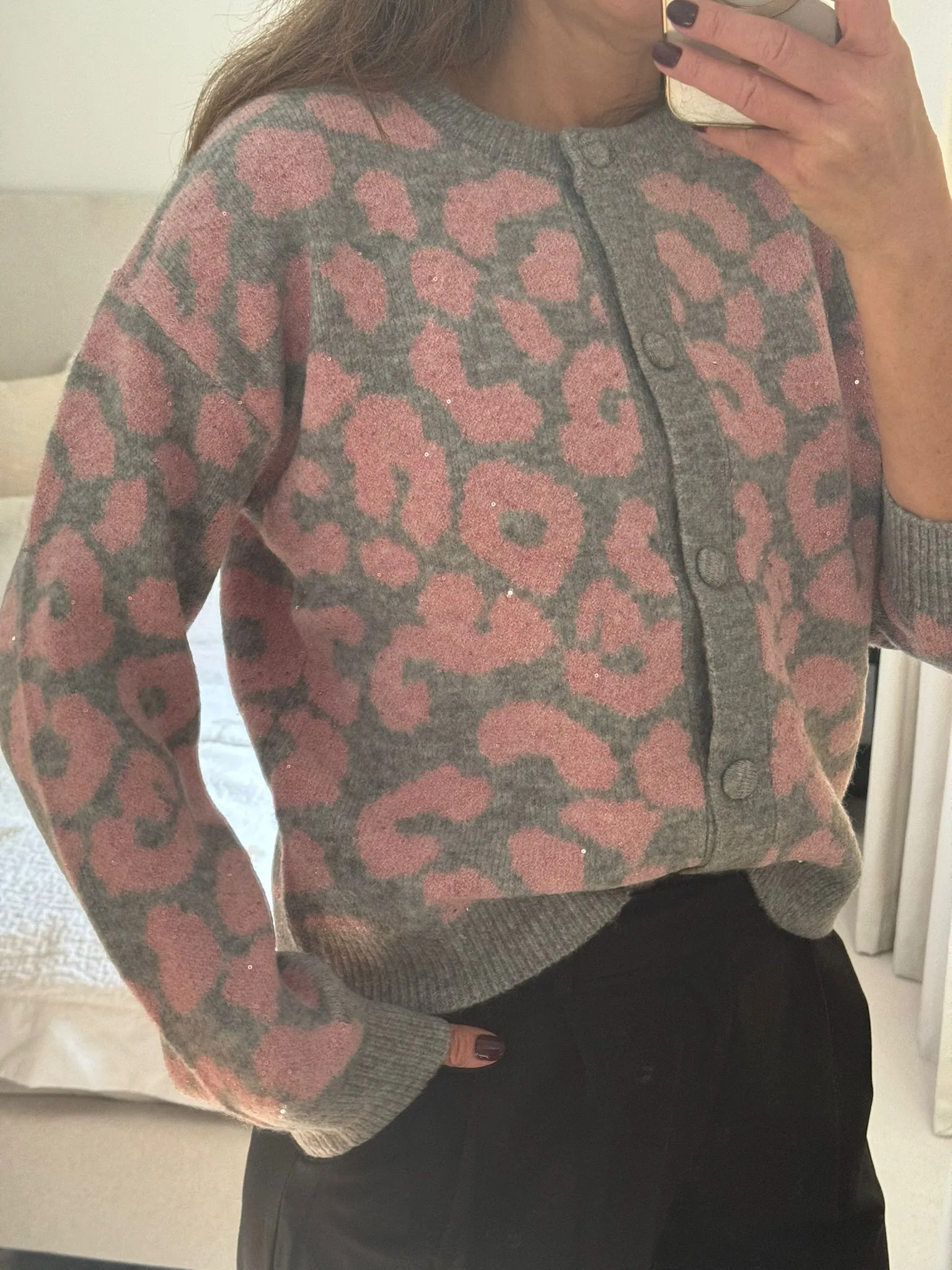 Pink and Grey Leopard Print Sparkle Cardigan