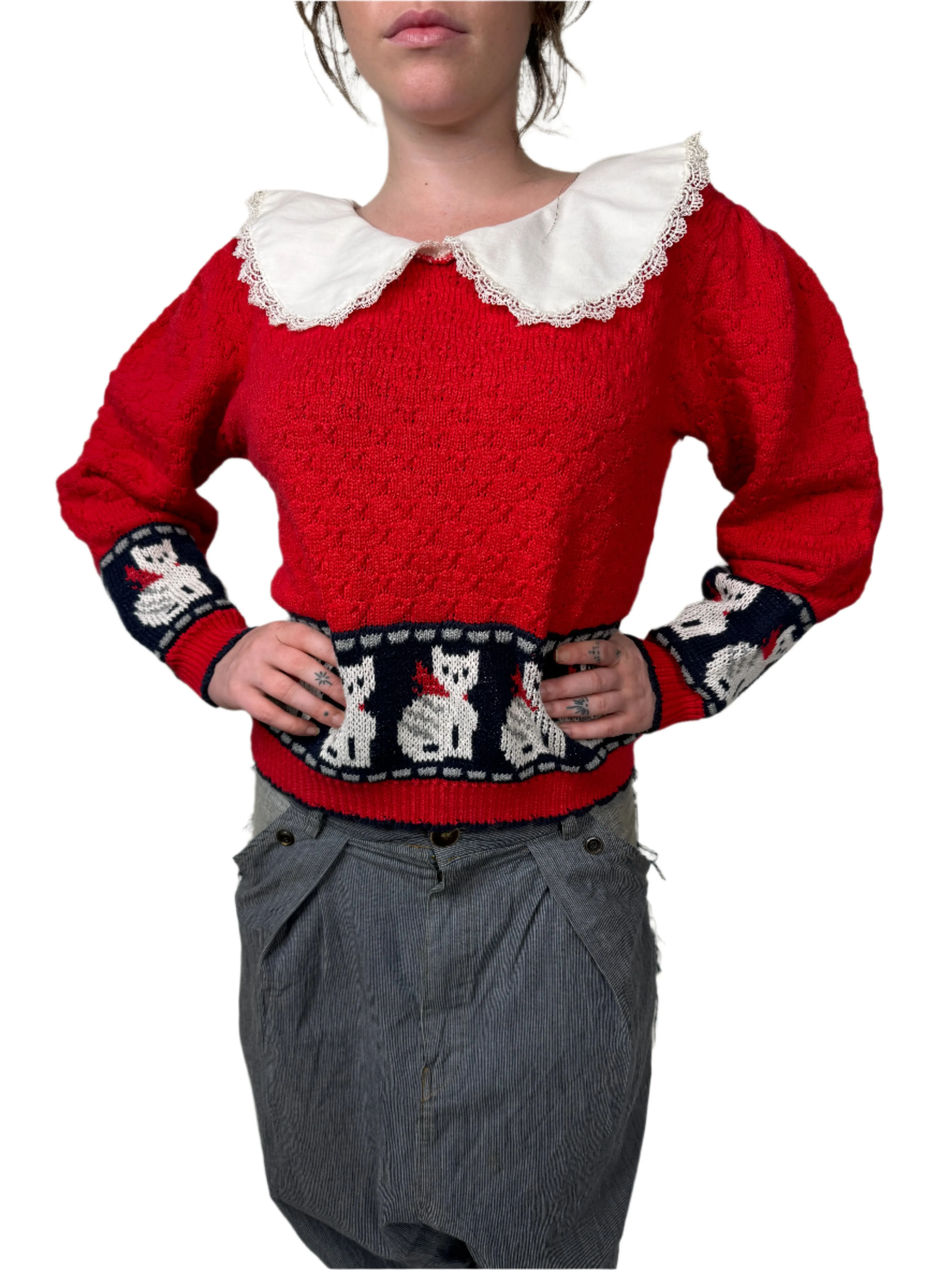 Red Cat & Collar Sweater 1980s