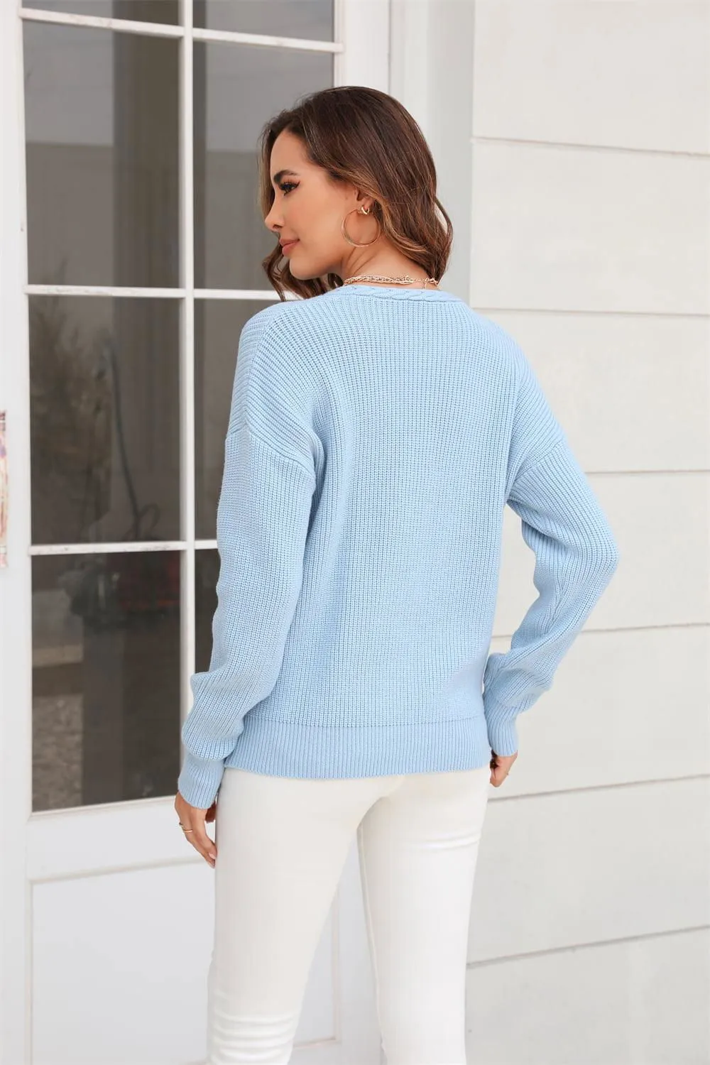 Ribbed V-Neck Dropped Shoulder Knit Top - Casual Style