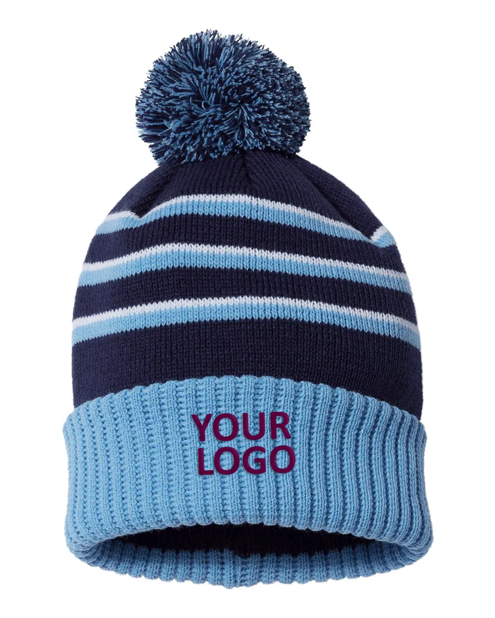 Richardson Pom Cuffed Custom Beanies, Navy/ Columbia Blue