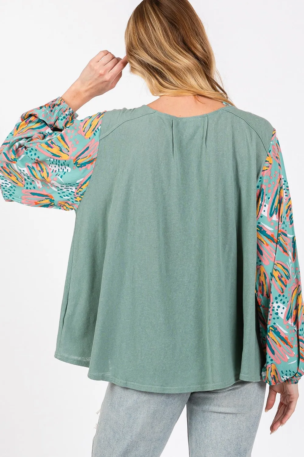 Ruched Round Neck Printed Bubble Sleeve Top