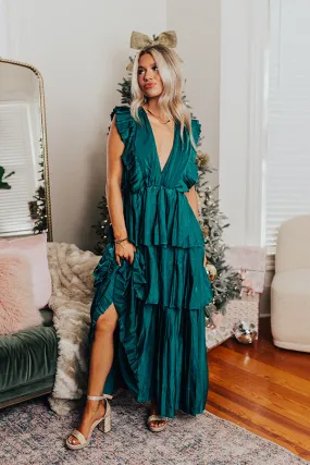 Seeking Champagne Pleated Maxi Dress In Hunter Green