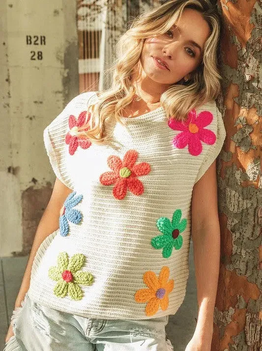 Share Happiness Crochet Flower Embroidery Knit Top