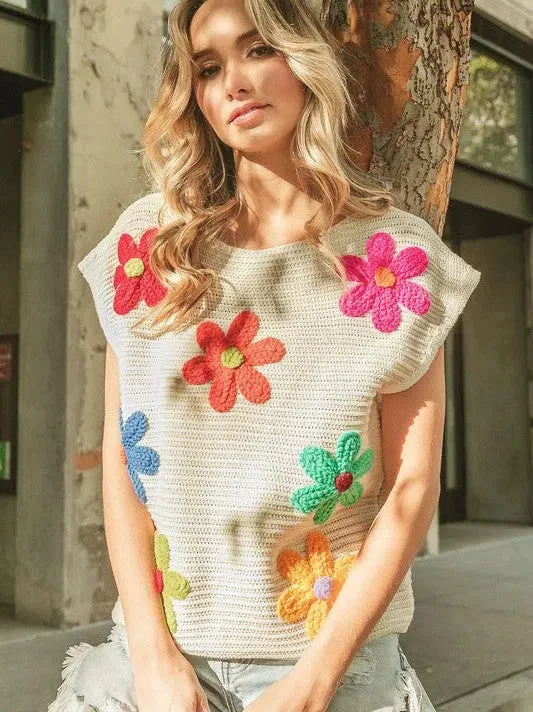 Share Happiness Crochet Flower Embroidery Knit Top