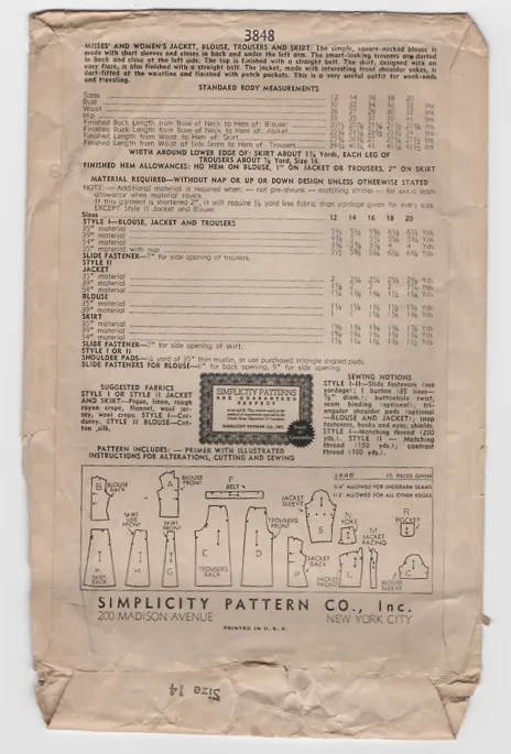 Simplicity 3848 Sewing Pattern - 1940s Vintage Misses Sportswear Pattern