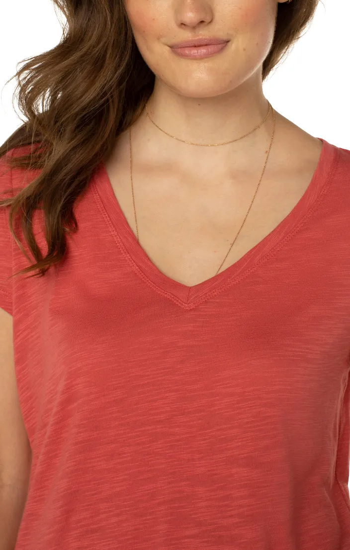 Slim Fit V-Neck Slub Knit Tee - Coral