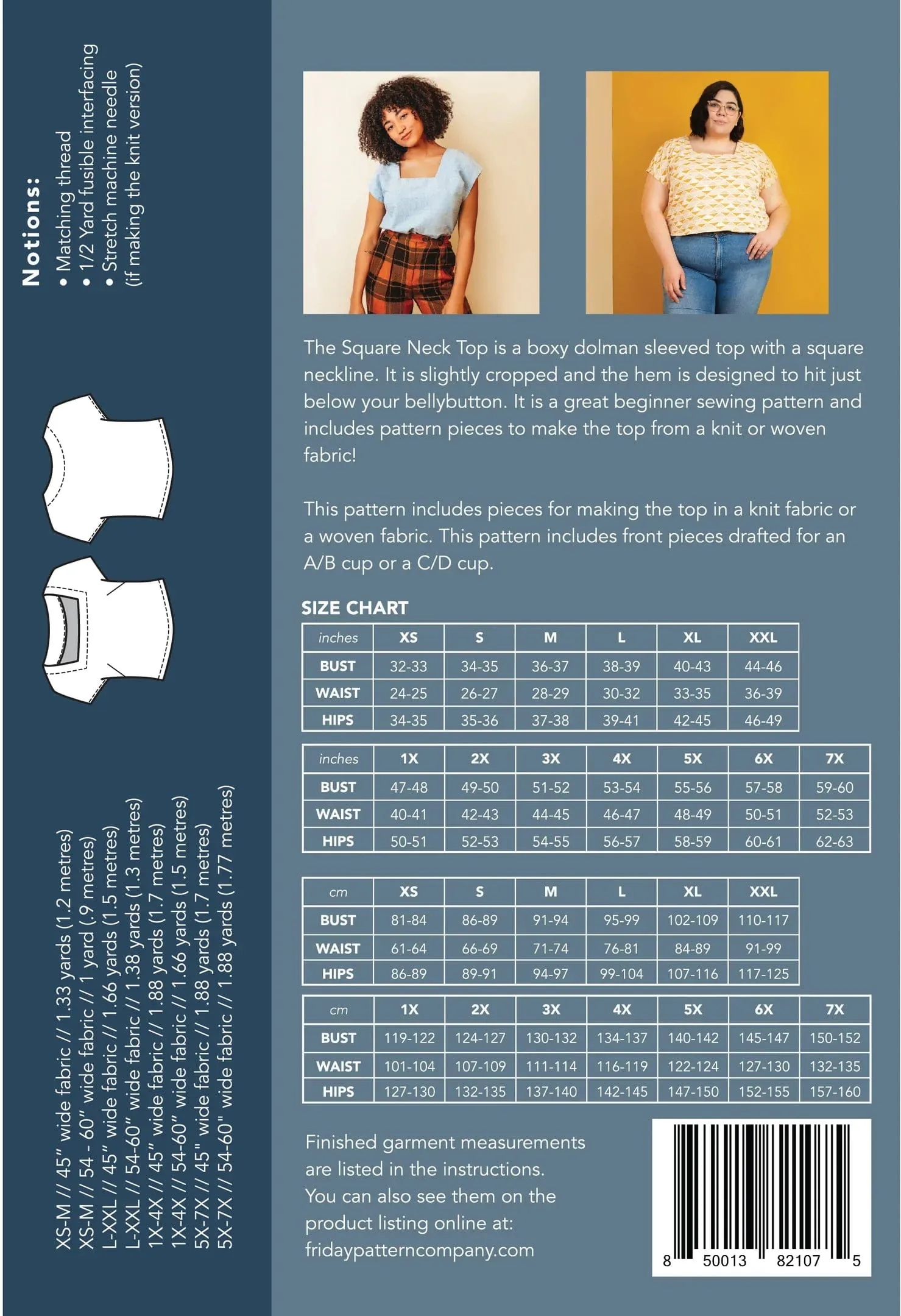 Square Neck Top - Friday Pattern Company - Sizes XS-7X