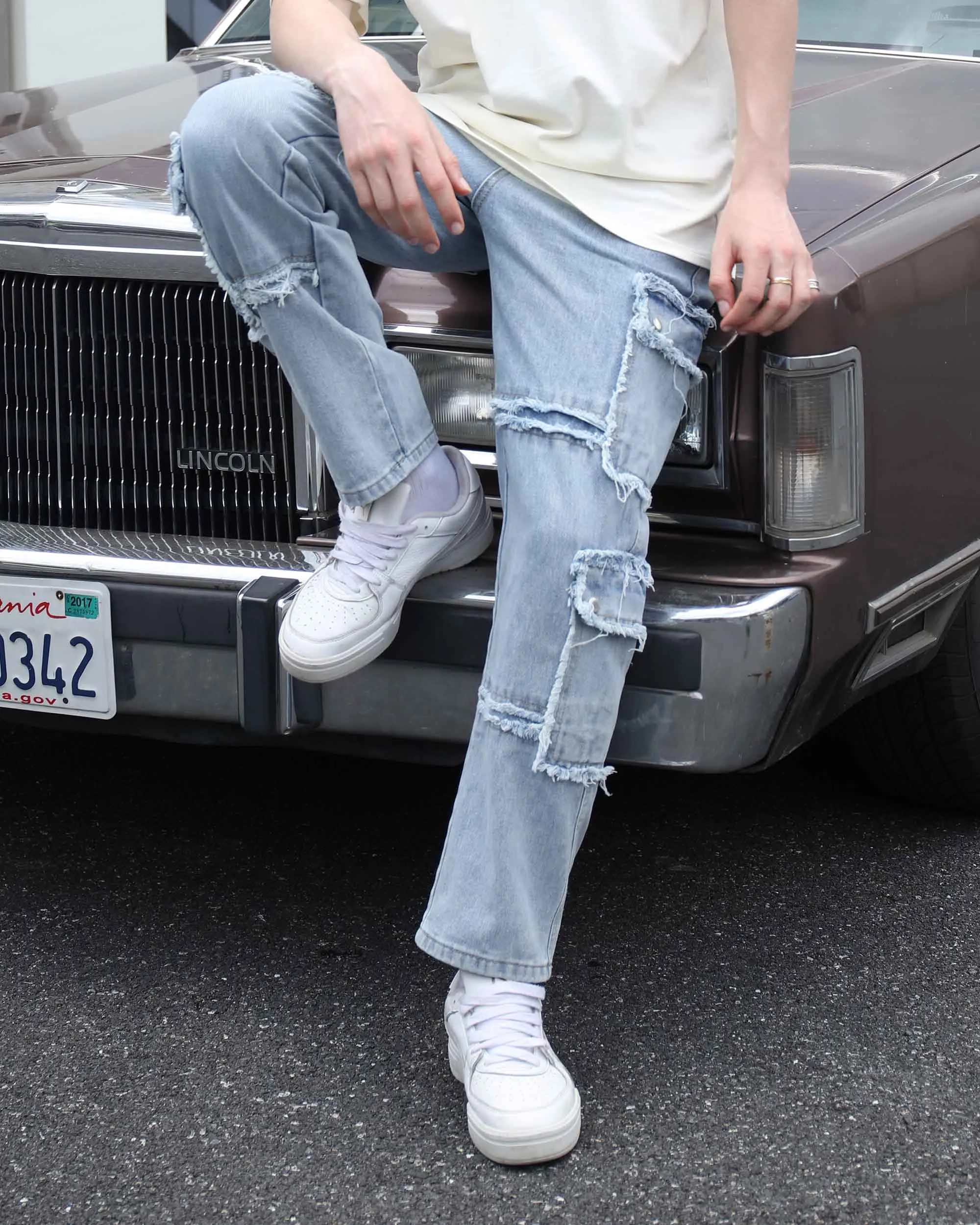 Street Style Men's Fringed Edge Blue Jeans with Fringed Detailing
