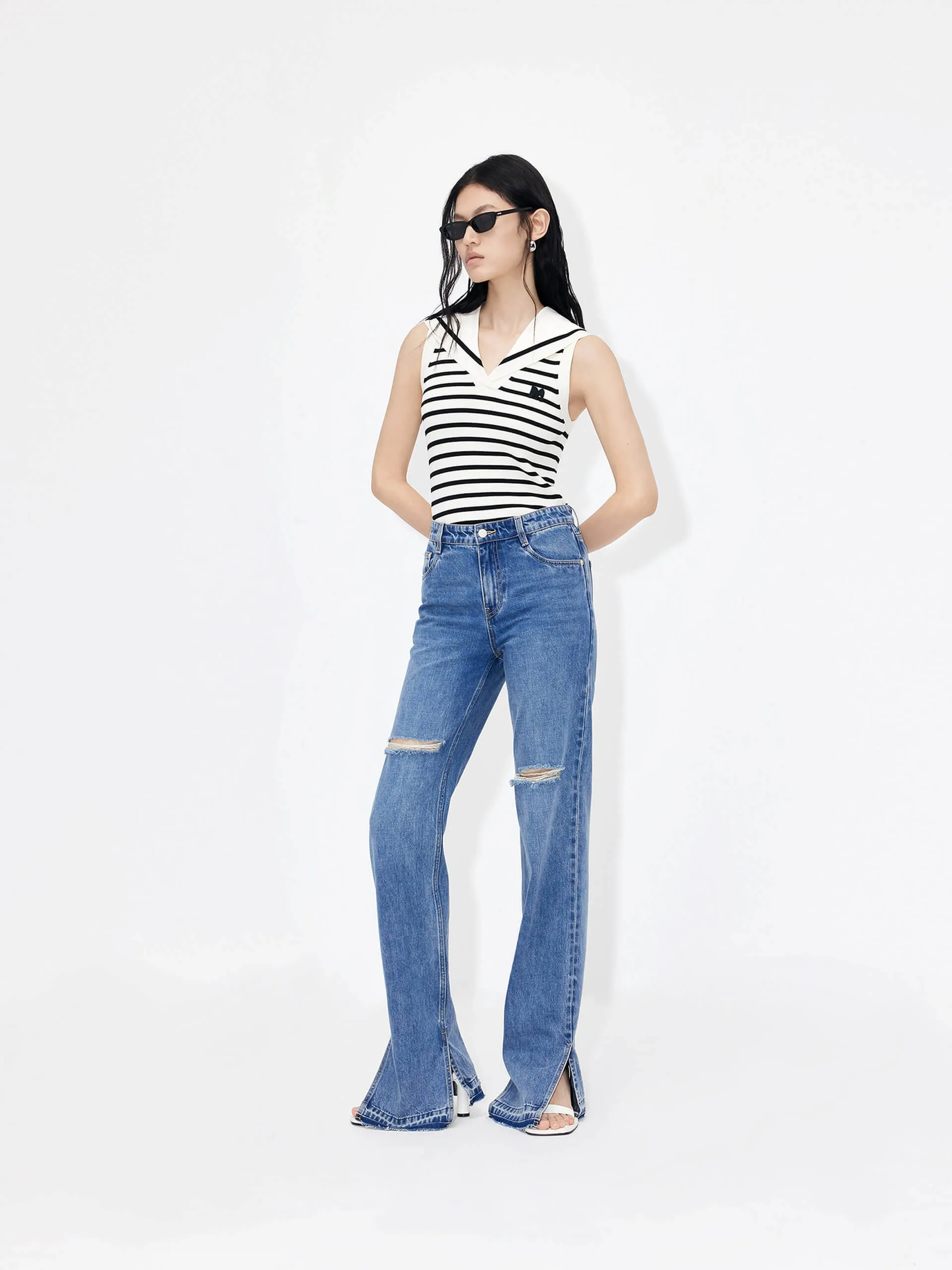 Striped Navy Collar Knit Top