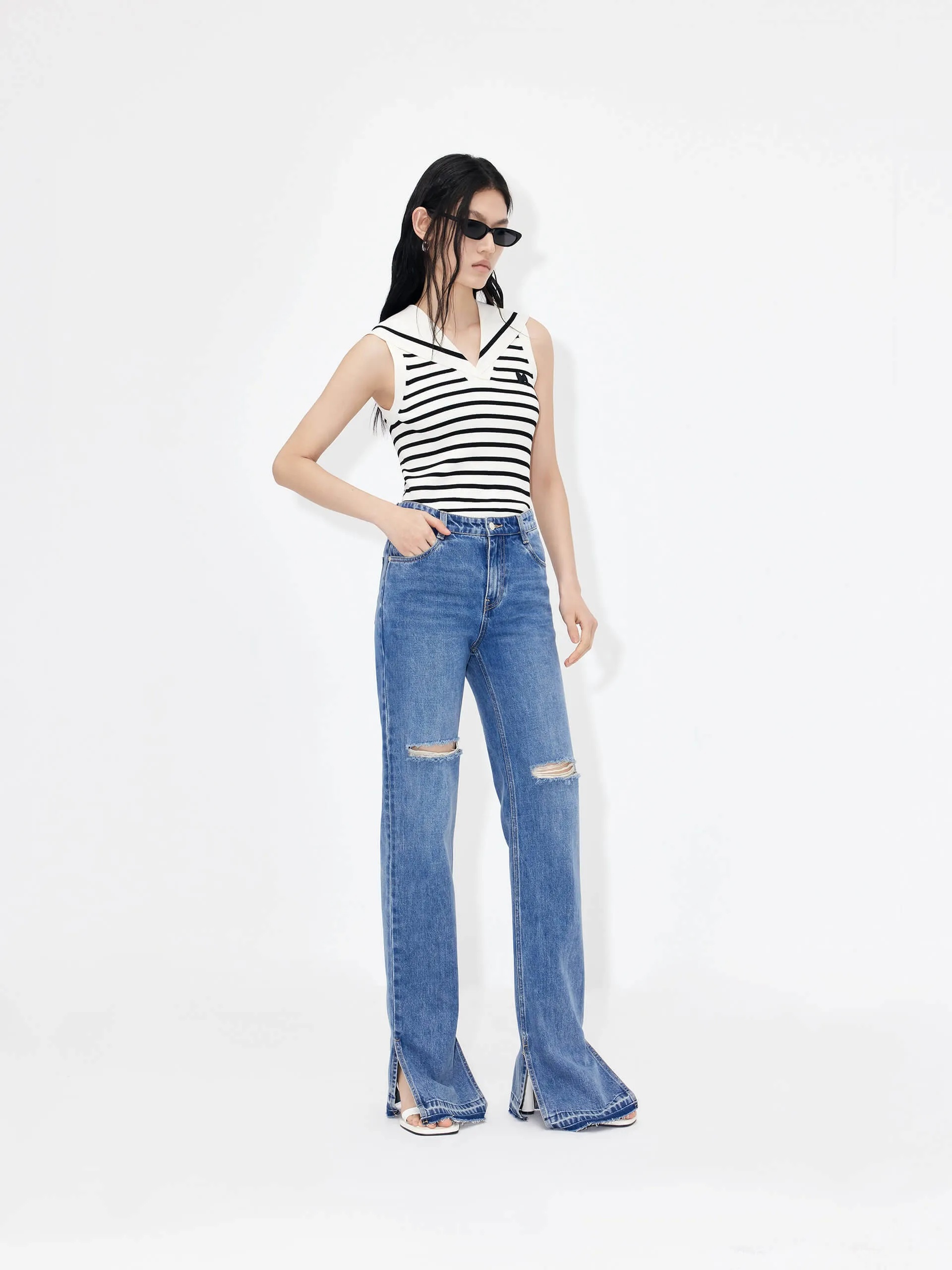 Striped Navy Collar Knit Top