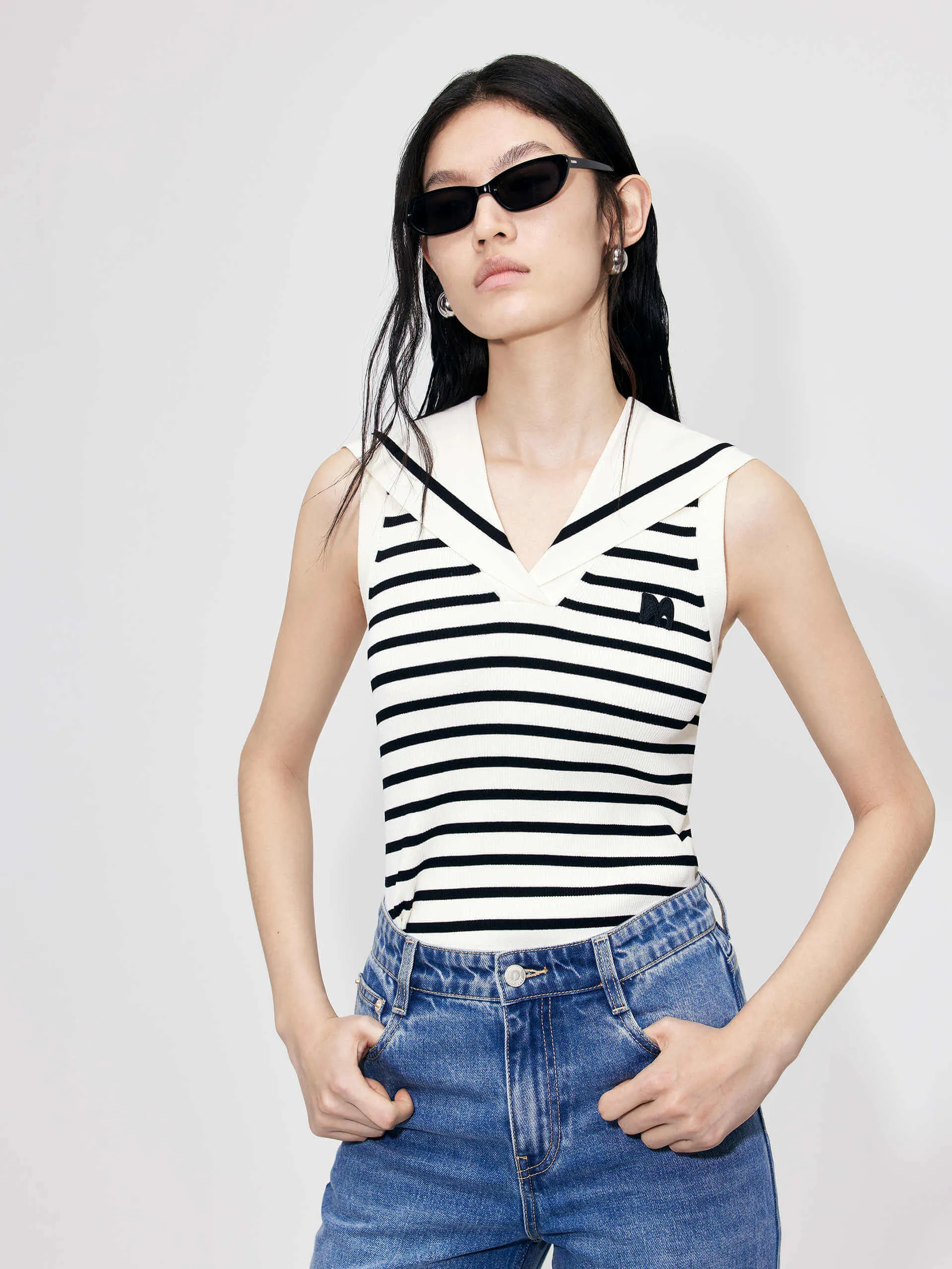 Striped Navy Collar Knit Top