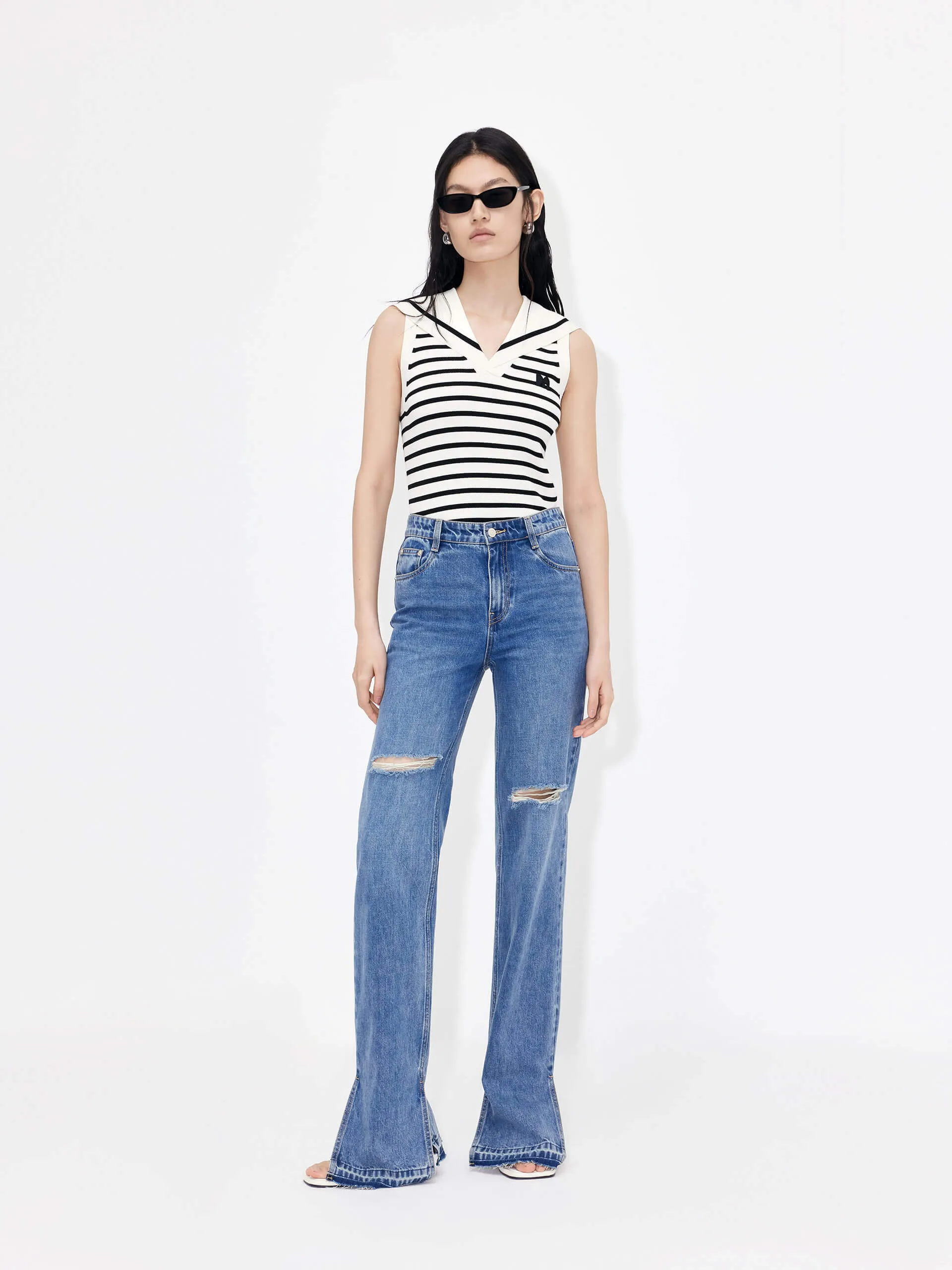 Striped Navy Collar Knit Top