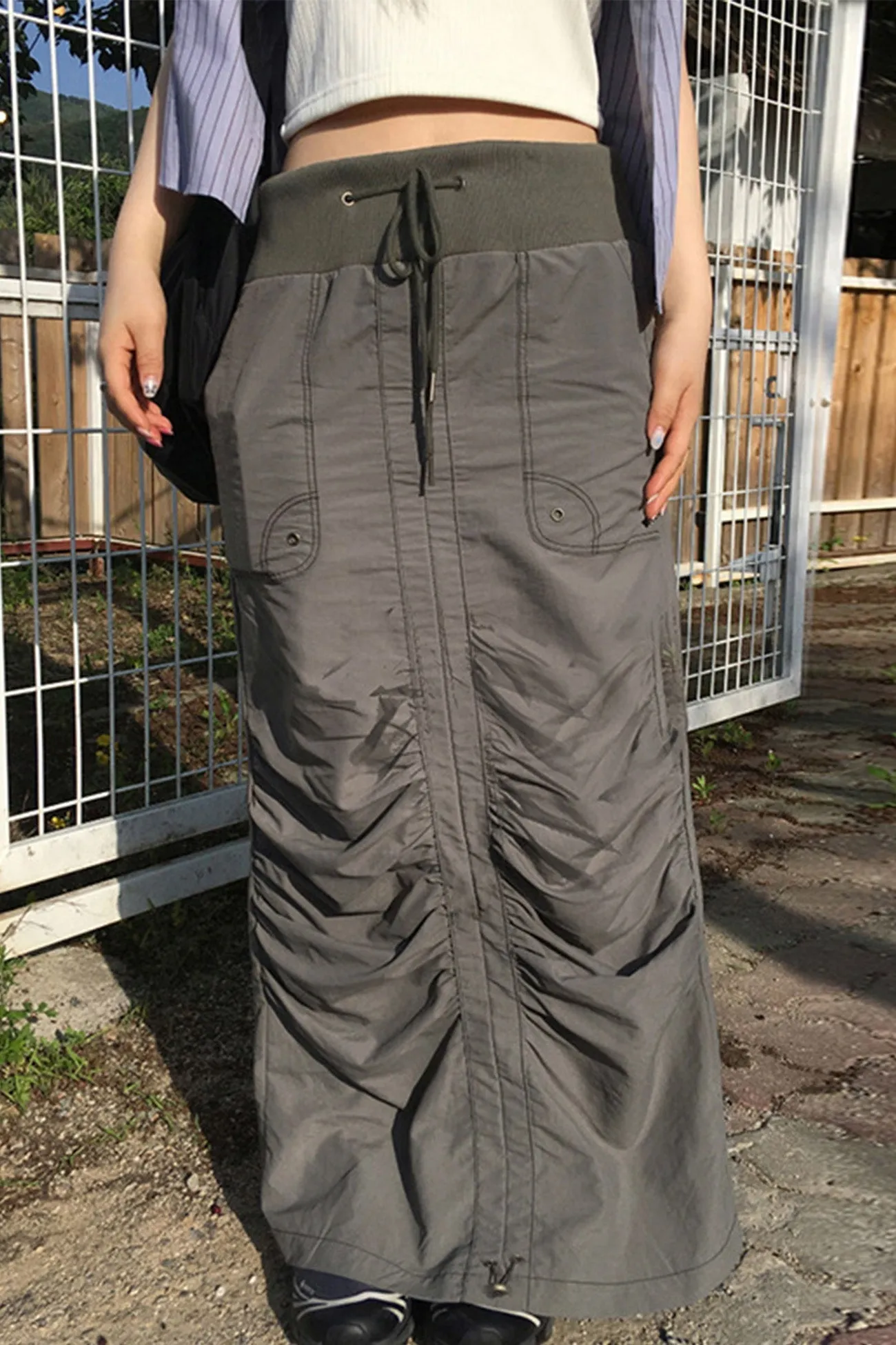 TastyHottie - Grey High Waist Drawstring Pleated Skirt