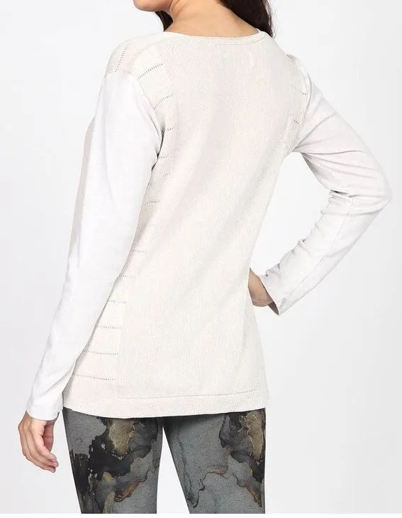 V-Neck Long Sleeve Sweater with Contrast Fabric Sleeves