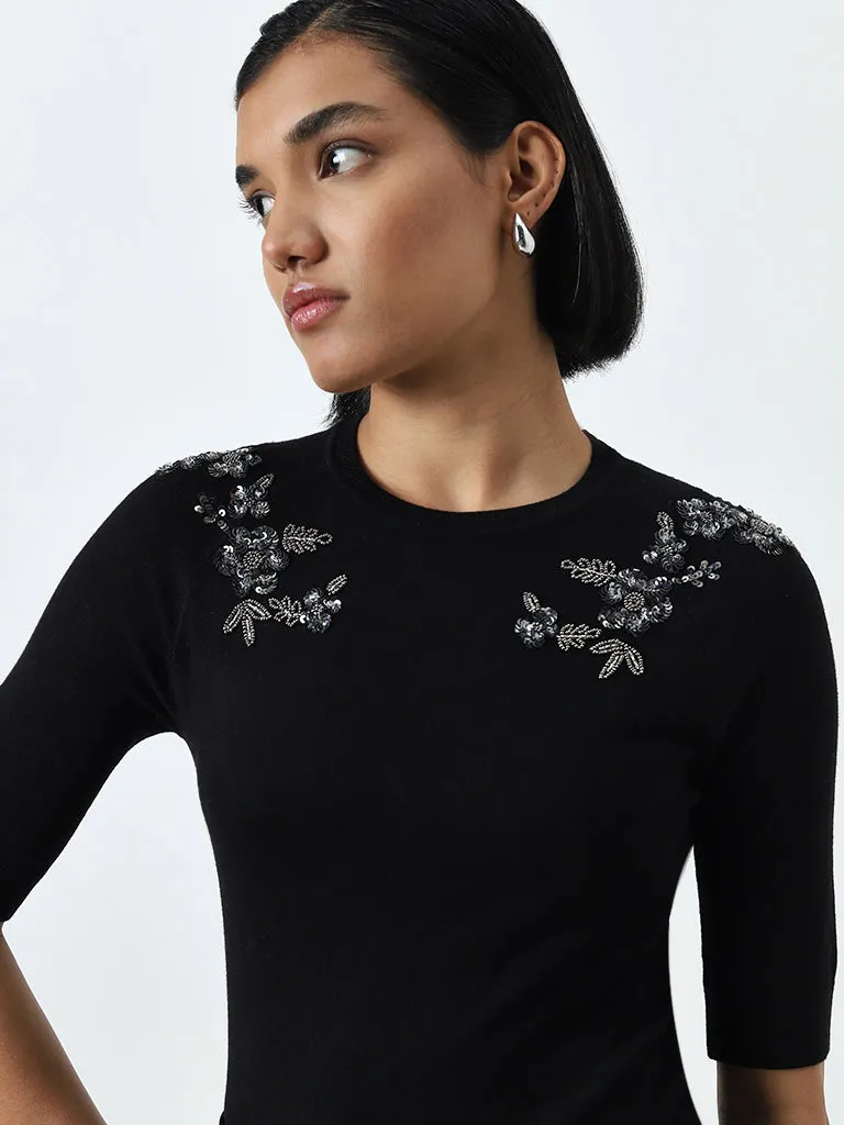 Wardrobe Black Floral Embellished Knitted Top