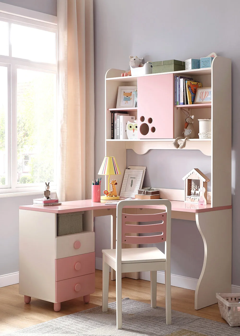 Whimsical Kitty Cat Tall Bookcase and Pink Study Table