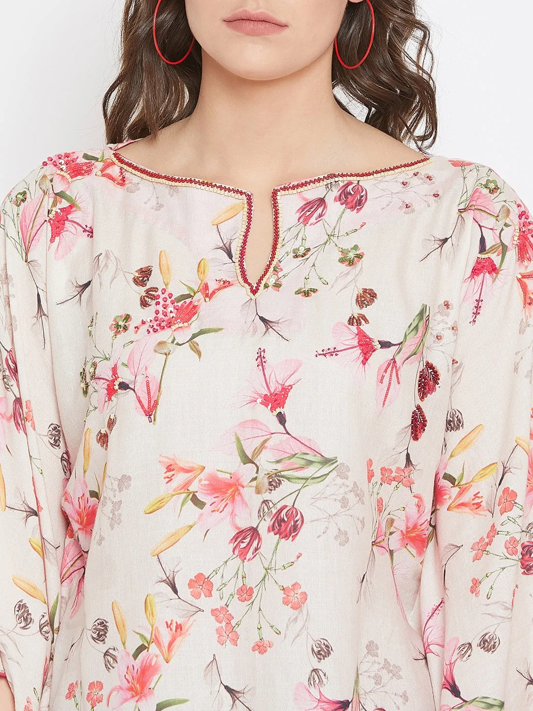 White Flora Kaftan Top with Hand Embroidery
