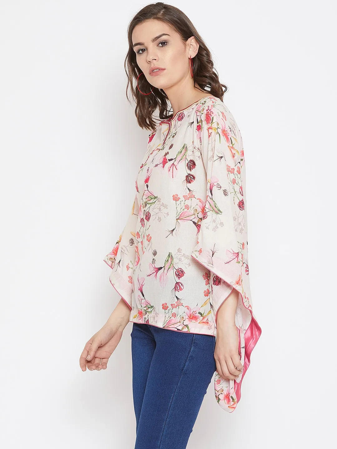 White Flora Kaftan Top with Hand Embroidery