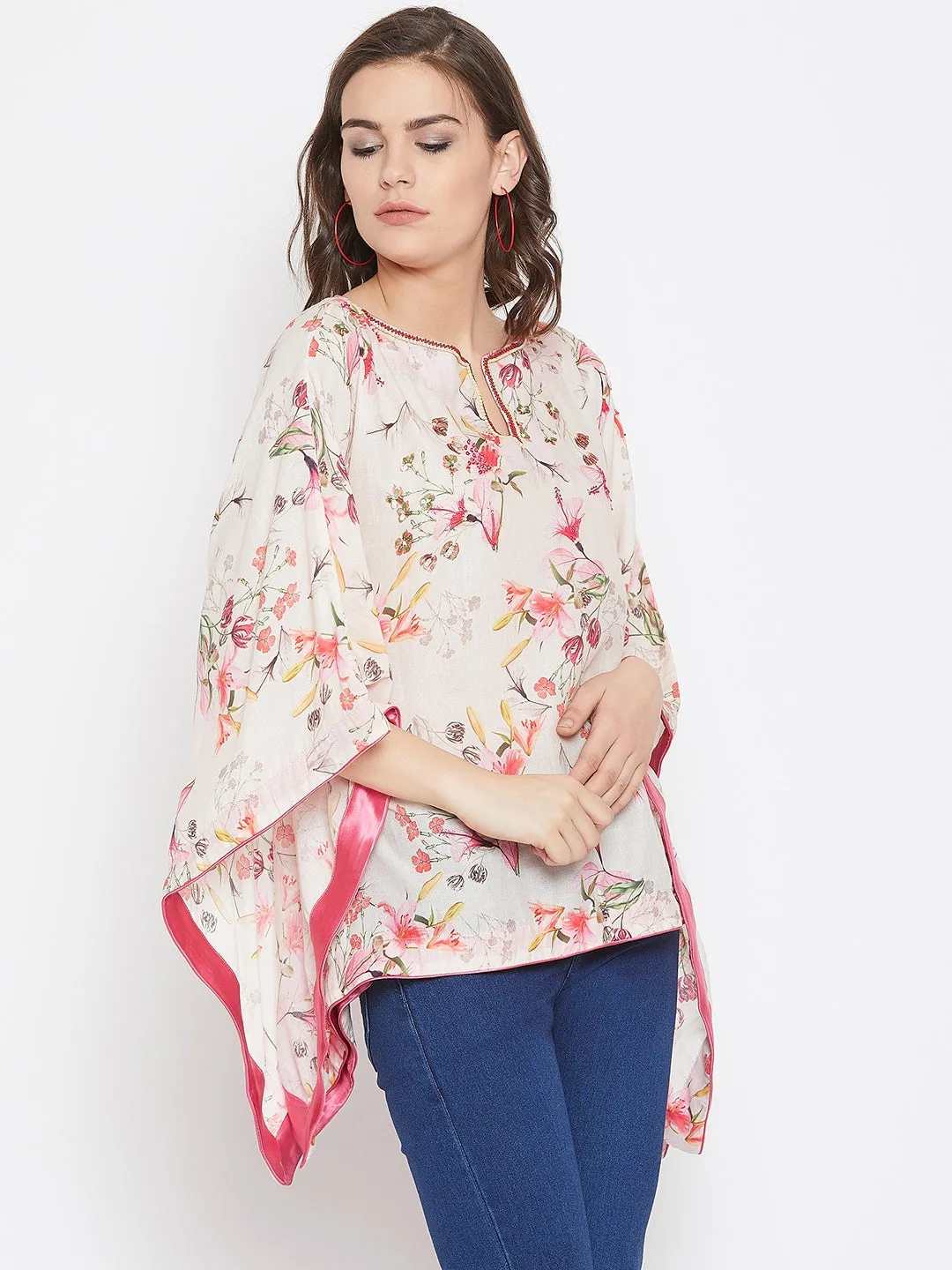 White Flora Kaftan Top with Hand Embroidery