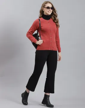 Women Rust Solid Round Neck Full Sleeve Cardigan