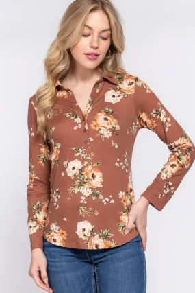 Women's 3/4 Roll Up Slv Notched Print Knit Top