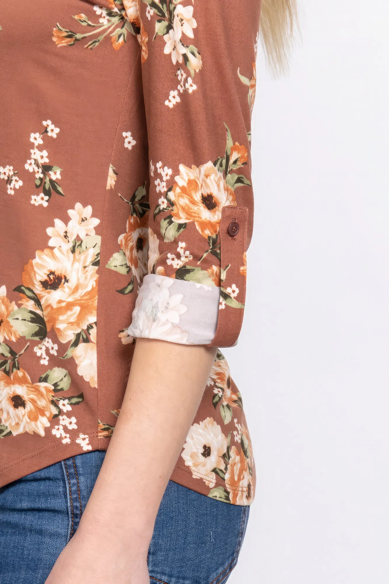 Women's 3/4 Roll Up Slv Notched Print Knit Top