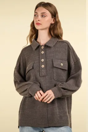 Women's Charcoal Collared Half Button Knit Top with Pockets