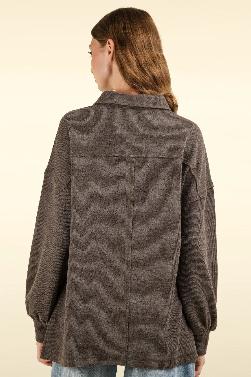 Women's Charcoal Collared Half Button Knit Top with Pockets