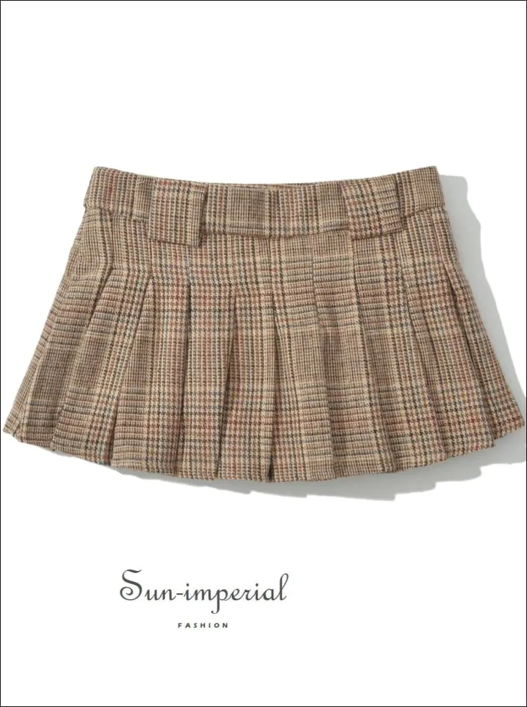 Women's Khaki Low Waist Plaid Pleated Mini Skirt