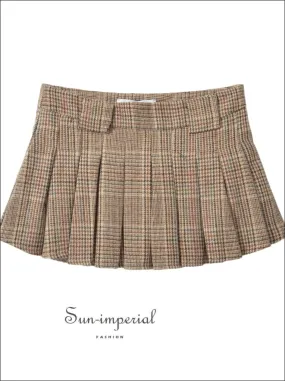 Women's Khaki Low Waist Plaid Pleated Mini Skirt
