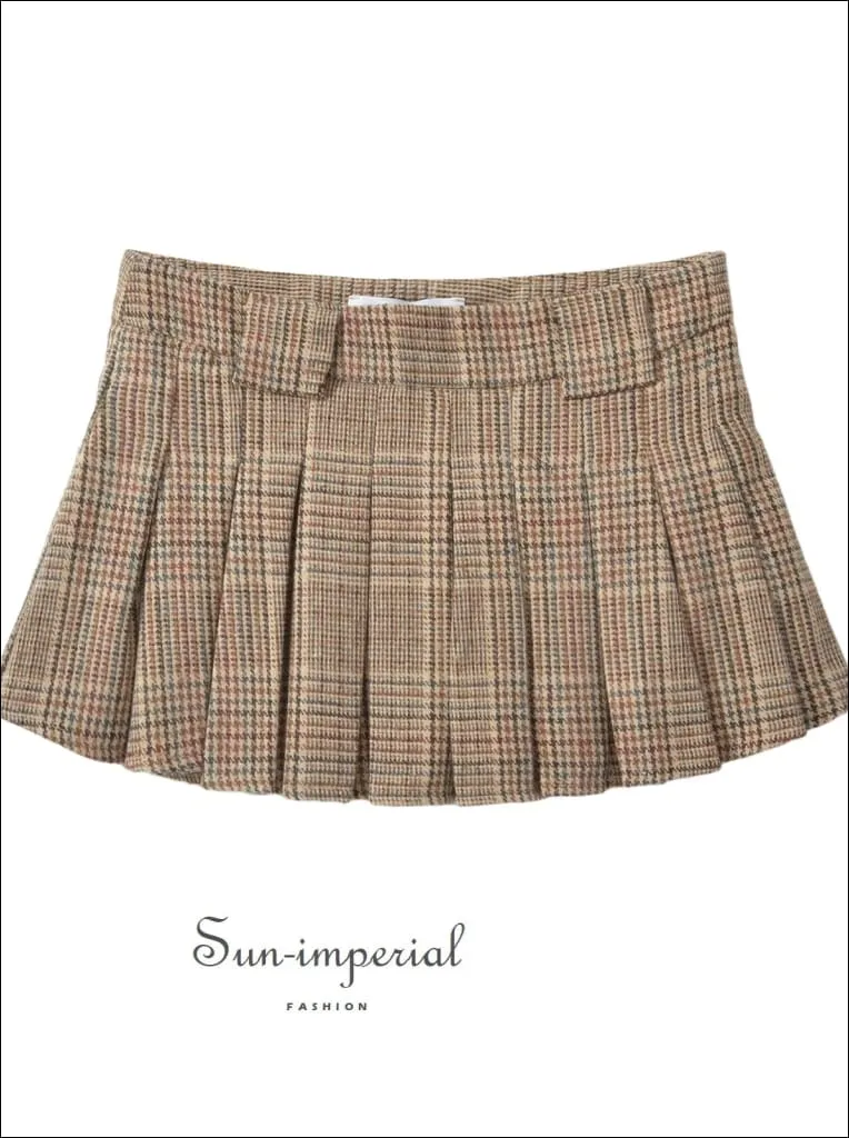 Women's Khaki Low Waist Plaid Pleated Mini Skirt