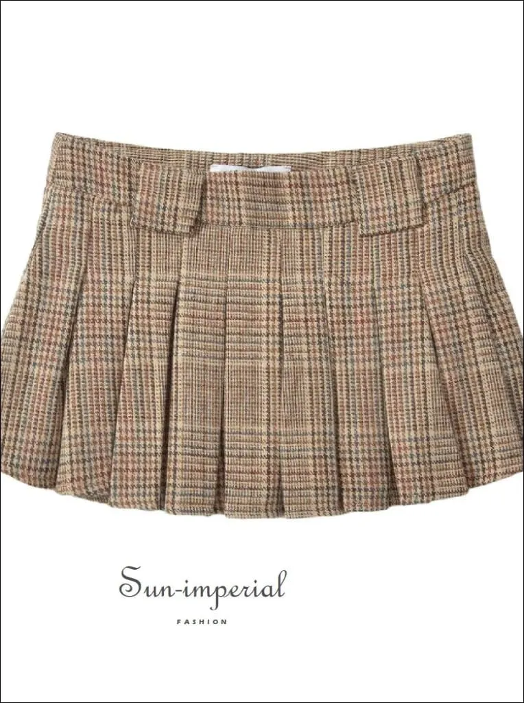 Women's Khaki Low Waist Plaid Pleated Mini Skirt